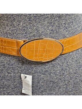Chicos Belt Womens Size S Croc Embossed Faux Leather Oval Buckle Gold Tone Trim